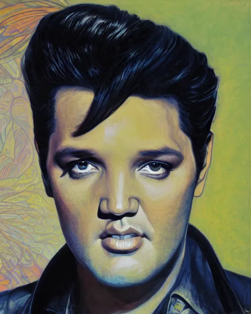 Prompt: portrait of Elvis Presley by Mandy Jurgens and Richard Schmid and chuck close and mucha