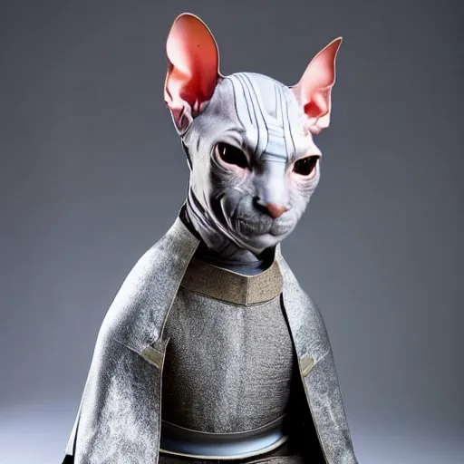 Image similar to samurai armor worn by hairless sphynx cat