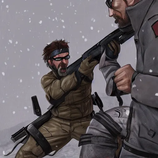 Image similar to Solid Snake from MGS and Gordon Freeman from Half-Life melee fight against each other on an abandoned military base, winter, very detailed, hyper realism, epic, close-up fight, digital art, concept art, illustration, artstation, cgi, 4k