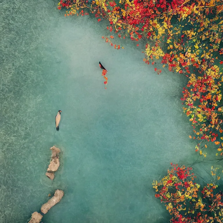 Image similar to human with the sea and the forest inside, veins diverge through the body like rivers filmed on a satellite, a person is decorated with wild berries, a beautiful bird is looking at him next, colorful picture