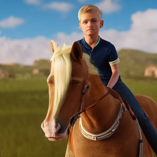 Image similar to a detailed portrait of boy with blonde hair riding a horse, unreal engine 5 rendered, incredibly highly detailed and realistic, 8 k, sharp focus, studio quality