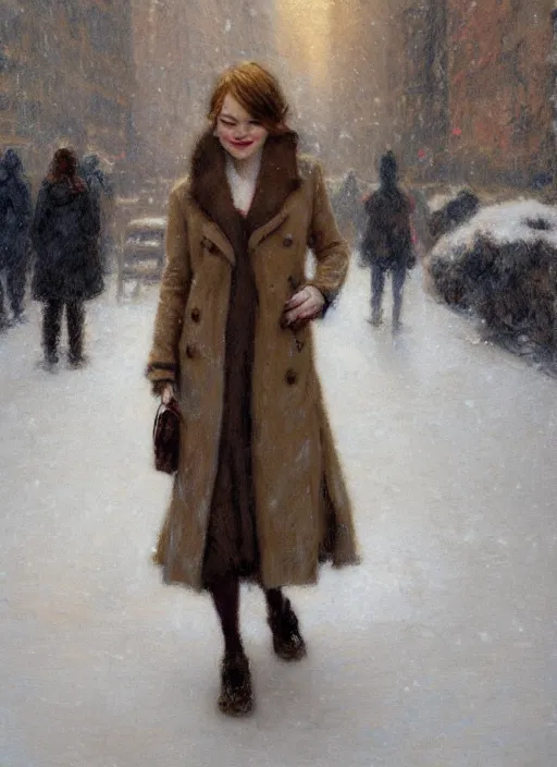 Prompt: emma stone in beige coat, portrait, walking in winter new york, snow, artwork by gaston bussiere, craig mullins, trending on artstation