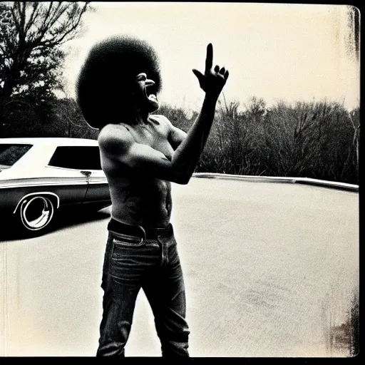 Image similar to joe rogan with an afro, 1 9 7 0's, pontiac car, new jersey, polaroid photo, alien buddy, leaning on car, relaxed and happy, alien buddy is pointing at the sky, laughing. 1 9 7 6, award winning photo