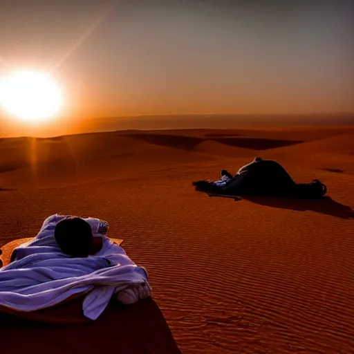 Image similar to a photo of Ghandi sleeping rough in the Sahara during sunrise, perfect lighting