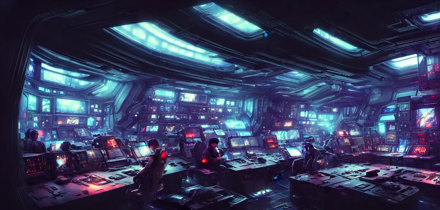 Image similar to a hyper detailed octane render concept art by xision wu, kerem beyit, sandara tang portrait of cyberpunk panel control spaceship room, dim lighting, detailed portraits, unreal engine 5, highly rendered, digital painting, hyper realistic, photo realistic, artstation, concept art, smooth, sharp focus perfect horizontal, symmetry illustration, detailed and intricate environment artstation hq