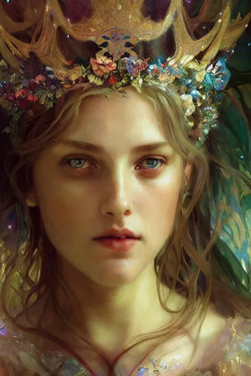 Prompt: hyperrealist portrait of a fairy girl emperorit is decorated with long robes that fall like stars and wears a huge crown. by jeremy mann and alphonse mucha, fantasy art, photo realistic, dynamic lighting, artstation, poster, volumetric lighting, very detailed faces, 4 k, award winning