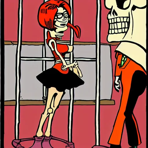 Prompt: velma tells off a confused skeleton, cartoon