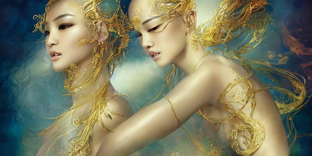 Image similar to asian nymph bald goddess, flowing golden silk twisting with whiten tattoos of cursive sigils on her opalescent skin, fantasy, intricate, very beautiful, elegant, golden light, highly detailed, art by huang guangjian and ail elvgren and sachin teng