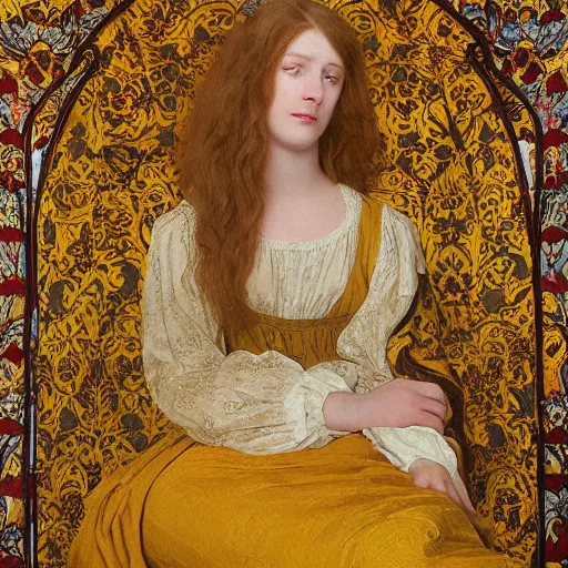 Image similar to preraphaelite photography reclining on bed, large downslanted eyes, large lips, big brown fringe, yellow ochre ornate medieval dress, charles sillem lidderdale, william morris, 4 k