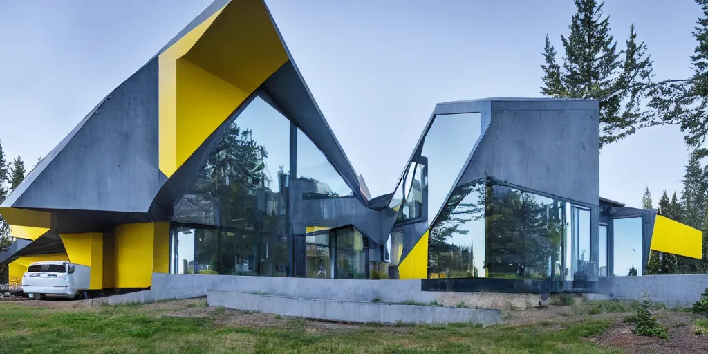 Prompt: large futuristic residence in Washington state, large windows, triangular elements, concrete, blue and yellow metal