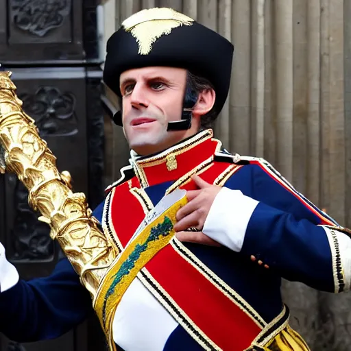 Prompt: emmanuel macron dressed as napoleon, firing a cannon, aiming at england