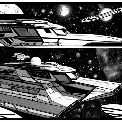 Prompt: A space yacht. Film Noir, Black and White. High Contrast, Duane Loose, Traveller RPG.