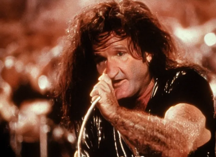 Image similar to promotional image of robin williams as a heavy metal singer in a movie from 1978, rugged black clothes, detailed face, movie still frame, promotional image, imax 70 mm footage