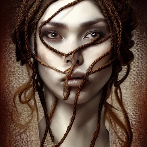 Image similar to portrait of a Shibari rope wrapped face and neck, headshot, insanely nice professional hair style, dramatic hair color, digital painting, of a old 13th century, traveler, amber jewels, baroque, ornate clothing, scifi, realistic, hyperdetailed, chiaroscuro, concept art, art by Franz Hals and Jon Foster and Ayami Kojima and Amano and Karol Bak,