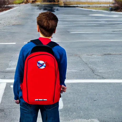 Prompt: an astronaut with a red suit and backpack