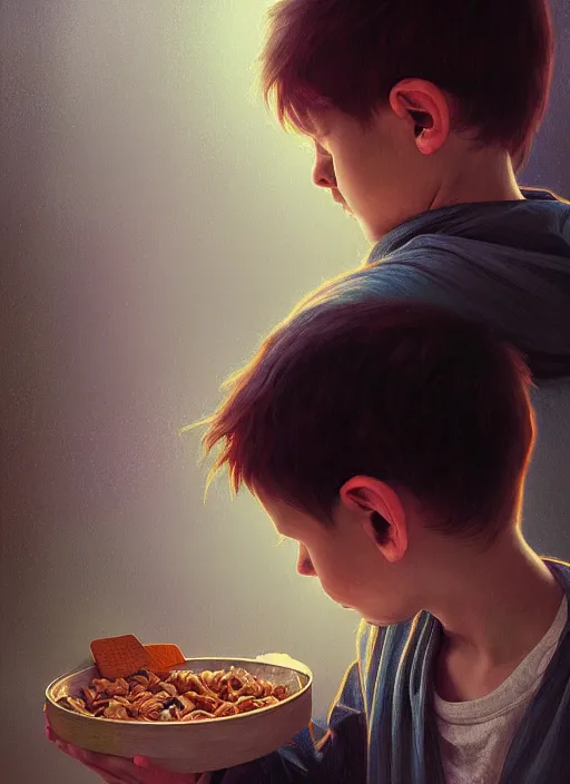 Prompt: moody portrait of a young boy sobbing uncontrollably because he has no more cereal in his bowl, tragedy, path traced, environment, highly detailed, high quality, digital painting, alena aenami, lilia alvarado, shinji aramaki, karol bak, alphonse mucha, tom bagshaw