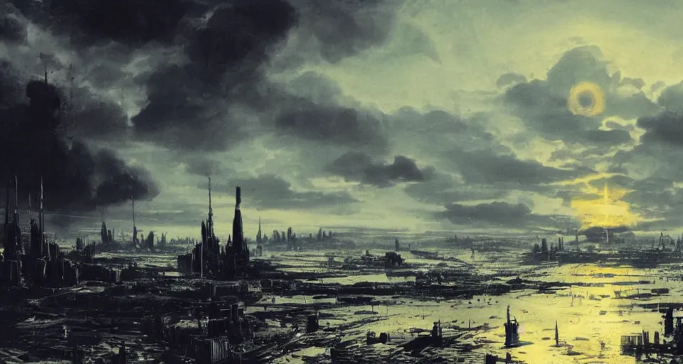Image similar to view on futuristic city in the horizon, illustration by peder balke, detailed, sharp, 8 k