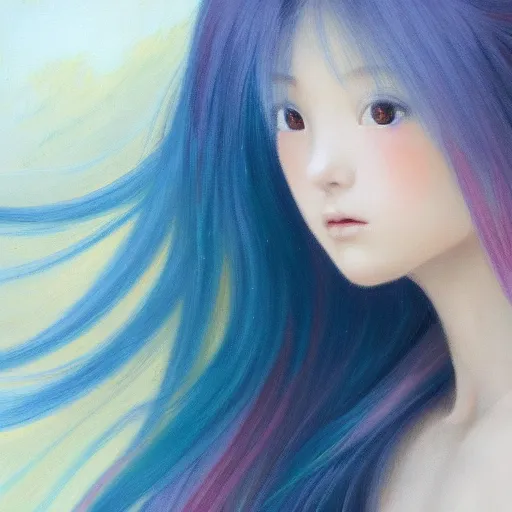 Prompt: a stunning serene anime portrait of a young woman of middling height with a light complexion by Mark Arian, oil on canvas, masterpiece, ultrarealism, piercing gaze, autumn bokeh, hair reaches near her mid-back and forms rounded locks mainly blue in coloration with thin pink-colored streaks running through, hair has one white streak of hair over her left eye, hair has blunt bangs that fall on her forehead split near the left, an ahoge stands up on her head, has a pair of white upward-curving bull horns emerging from the sides of her head, has large round eyes with violet irises fringed by long lashes, her face up to the nose is covered by a pink face mask with a scalloped edge trimmed with a white stripe, she is wearing a long-sleeved minidress that is white and pleated above the waist with a blue bow below a point collar the dress\'s lower light-blue and non-pleated section with a button placket in the middle ending in a short skirt part that has a slightly ruffled hem leaving most of her legs visible, fastened on her shoulders is a darker-blue cape trimmed with light-blue fur on its edges with blue insides which goes near the ground, her footwear is red high heels, view from below, legs visible, arms visible, feet visible, hands visible