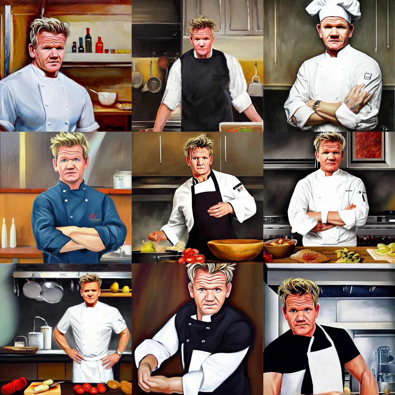 Prompt: Gordon Ramsay wearing a chef uniform in a kitchen, oil painting, classicism style