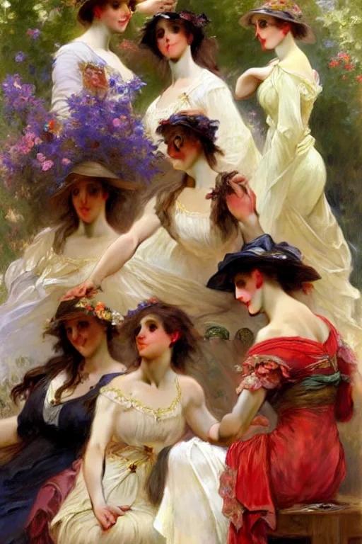 Image similar to group of ladies, painting by daniel gerhartz, alphonse mucha, bouguereau, detailed art, artstation