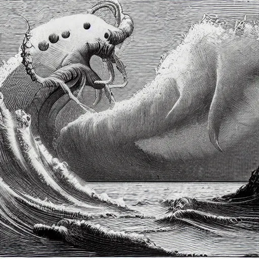 Image similar to cthulhu rising out of the water in front of a small town, night, soaring waves, clouds, illustration by Gustave Doré