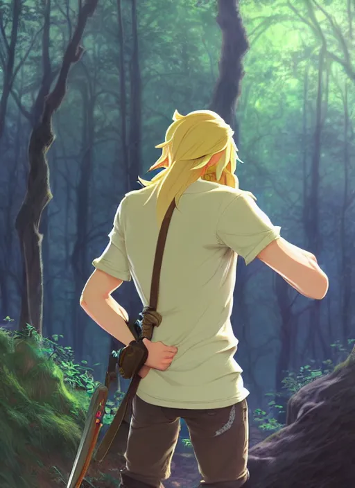 Prompt: young man with long blond hair, from behind, lost in a forest, natural lighting, path traced, highly detailed, high quality, digital painting, by don bluth and ross tran and studio ghibli and alphonse mucha, artgerm, breath of the wild