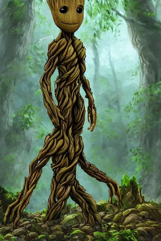 Prompt: Groot on a forest, concept art