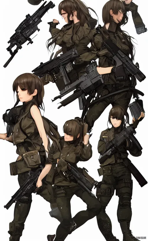 Image similar to highly detailed, high resolution, character design art, stunning, volumetric lightning, realistic guns, girls frontline style, matte, sharp focus, 130mm, illustration, artstation, by ilya kuvshinov, professional result, realistic human anatomy, simple design, realistic military gear, metal gear style