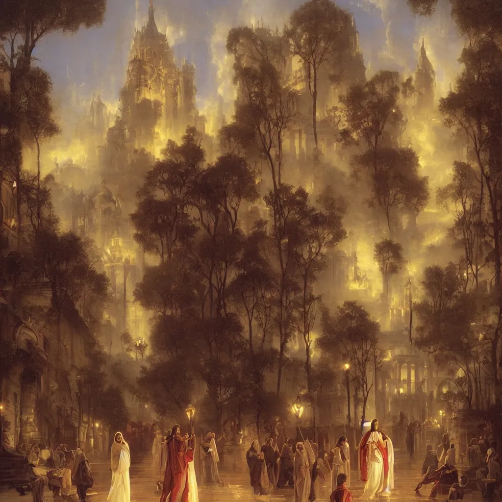 Prompt: jesus tours the streets of hollywood by raphael lacoste and pierre auguste cot and delphin enjolras and daniel f. gerhartz