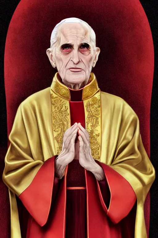 Prompt: evil pope sorcerer in his late nineties. stately and dour in his expression. eyeliner accentuates his sunken eyes. a high black turtleneck covers his thin neck. opulent white golden red robe, gold decoration, sharp focus, digital painting, illustration, art by magali villeneuve