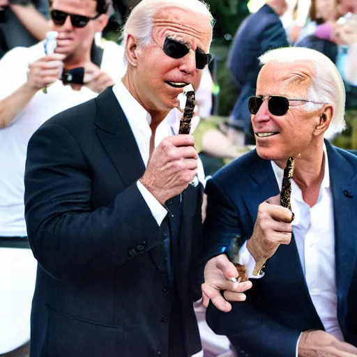 Prompt: stoned tom cruise and stoned joe biden smoking a bong together, award winning candid photography