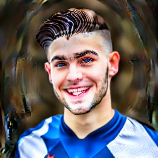 Prompt: a photographic portrait of a young Caucasian man smiling with short brown hair that sticks up in the front, blue eyes, groomed eyebrows, tapered hairline, sharp jawline, wearing a volleyball jersey, sigma 85mm f/1.4, 15mm, 35mm, 4k, high resolution, 4k, 8k, hd, full color