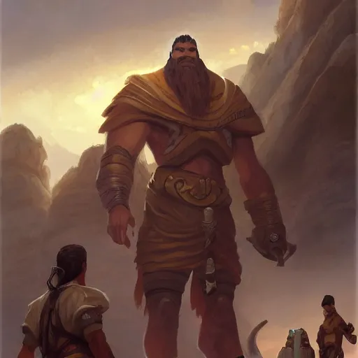 Image similar to 17 year old middle eastern skinned boy standing strong. Goliath, the Giant man stands behind. Cinematic, epic by andreas rocha and john howe, and Martin Johnson