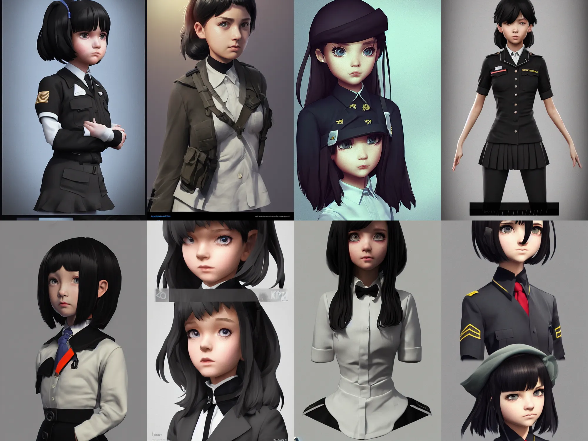 Prompt: Zbrush sculpt colored, Octane render in Maya and Houdini VFX, cute schoolgirl, in black military uniform, black silky hair, black stunning deep eyes. By ilya kuvshinov, krenz cushart, Greg Rutkowski, trending on artstation. Amazing textured brush strokes. Cinematic dramatic soft volumetric studio lighting