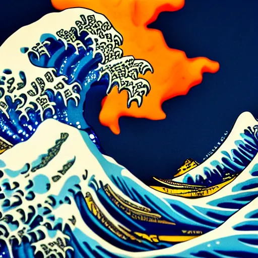 Prompt: carved diorama of the great wave off kanagawa with lava and fire, carved out of transparent marble with celadon glaze, photo realistic, dramatic cinematic lighting, octane render, 4 k, ultra detailed