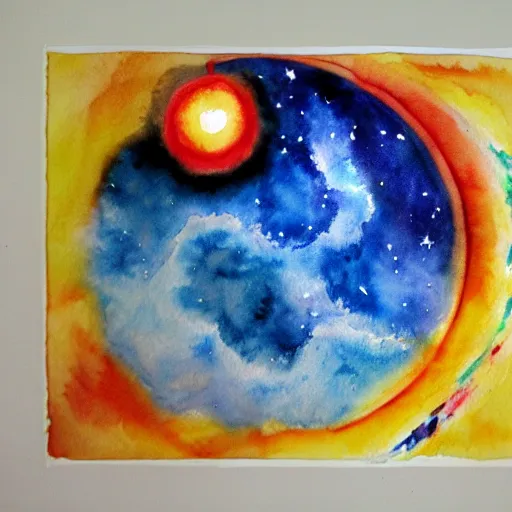 Image similar to planets colliding, space, stars, sun, earth, planets, explosions, huge explosions in space, watercolor art