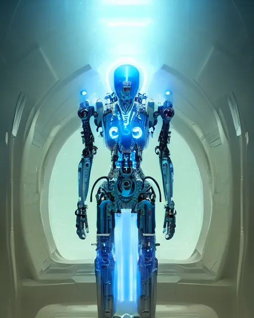 Image similar to benevolent cyborg necromancer, scifi, futuristic, helpful, kind, intelligent, alien room background, white, blue, gold, highly detailed, trending on artstation, soft light, holy machine, advanced technology, art by vitaly bulgarov and nivanh chanthara and lance wilkinson