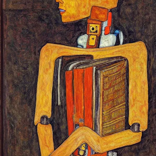 Image similar to a robot reading a book by egon schiele