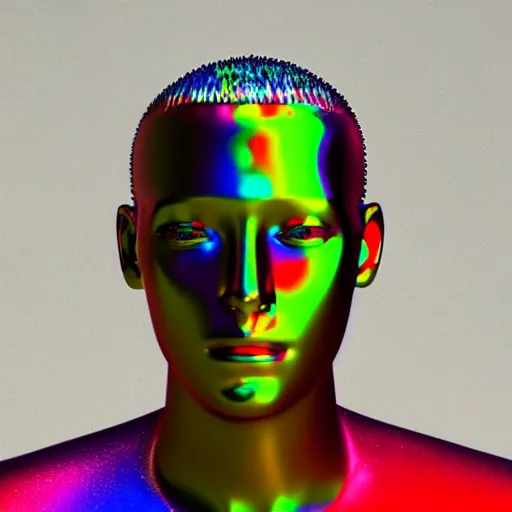 Image similar to 3d render of holographic human robotic head made of glossy iridescent, surrealistic 3d illustration of a human face non-binary, non binary model, 3d model human, cryengine, made of holographic texture, holographic material, holographic rainbow, concept of cyborg and artificial intelligence