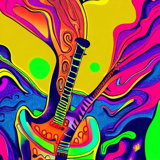 Image similar to psychedelic illustration of a guitar player melting on colors