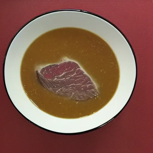 Prompt: a bowl of steak soup on a table lower corner view in the style of loish van baarle, painting, fancy