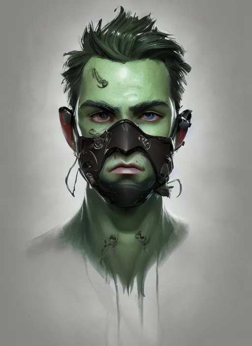 Image similar to a highly detailed illustration of young thick wavy messy haired guy wearing mechanical green face mask and brown noir coat, clean shaven, dramatic bored expression, intricate, elegant, highly detailed, centered, digital painting, artstation, concept art, smooth, sharp focus, league of legends concept art, wlop