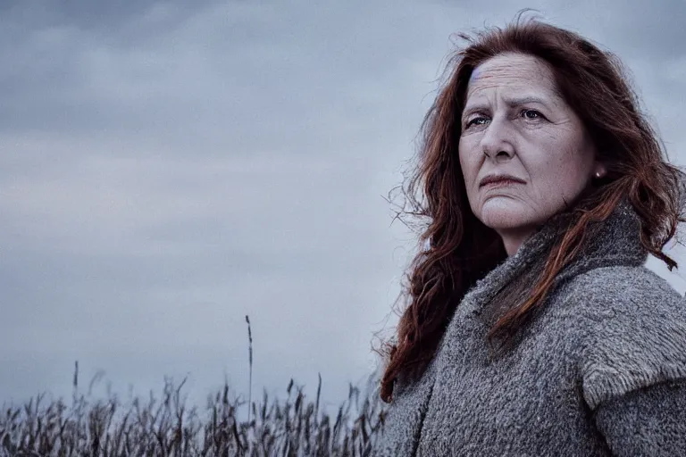 Image similar to a highly detailed cinematic headshot portrait photograph of a frozen middle aged woman stood in a field, field on fire, ultra realistic, depth, beautiful lighting, by annie leibovitz, photorealistic, hyperrealistic, octane, masterpiece