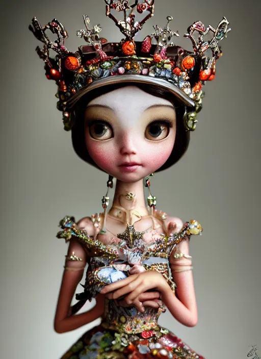 Image similar to closeup profile portrait of tin toy fairytale princess wearing a crown, depth of field, zeiss lens, detailed, symmetrical, centered, fashion photoshoot, by nicoletta ceccoli, mark ryden, lostfish, breathtaking, 8 k resolution, extremely detailed, beautiful, establishing shot, artistic, hyperrealistic, octane render