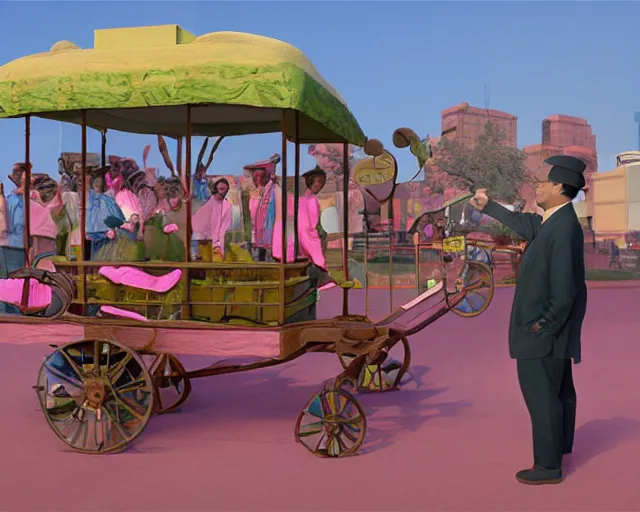 Prompt: the famous snake oil salesman Uncle Aloysius opening up his wagon to a crowd of pink onlookers, painting by Grant Wood, 3D rendering by Beeple, sketch by R. Crumb
