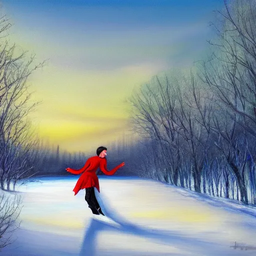 Image similar to ice skater dancing on forest pond in winter landscape detailed 4k magical realism painting