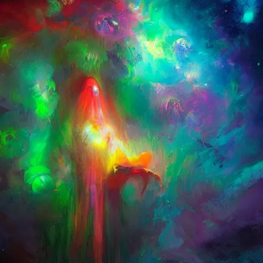 Image similar to highly detailed 8k oil painting of the celestial glowing beautiful otherworldly God of random numbers and logic, misty, epic composition, neon colors, trending