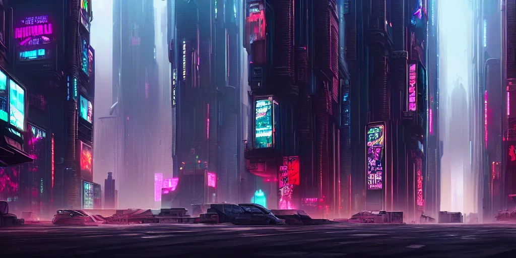 Prompt: a highly detailed matte painting of cyberpunk city streets, featured on Artstation