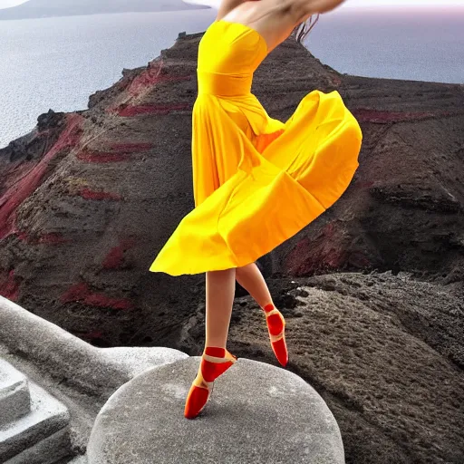 Prompt: beautiful modern dancer wearing a red, yellow, blue swirling dress, standing on a Santorini terrace looking down into the ocean, trending on artstation, cinematic, photorealistic