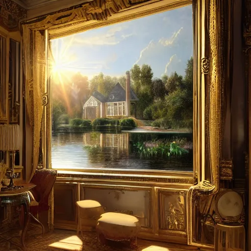 Image similar to a modern country house on the lake, golden hour, spotlight, backlight, sunlight, volumetric light, ray tracing reflections, insanely detailed and intricate, hypermaximalist, elegant, ornate, hyper realistic, super detailed